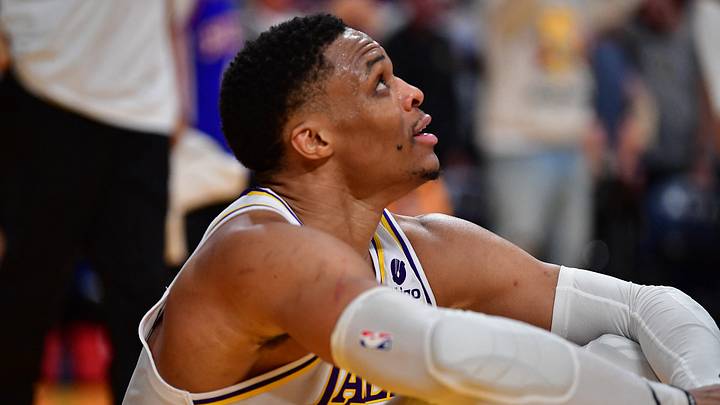 Jan 15, 2023; Los Angeles, California, USA; Los Angeles Lakers guard Russell Westbrook (0) reacts following the loss against the Philadelphia 76ers at Crypto.com Arena. Mandatory Credit: Gary A. Vasquez-USA TODAY Sports Jan 15, 2023; Los Angeles, California, USA; Los Angeles Lakers guard Russell Westbrook (0) reacts following the loss against the Philadelphia 76ers at Crypto.com Arena. Mandatory Credit: Gary A. Vasquez-USA TODAY Sports