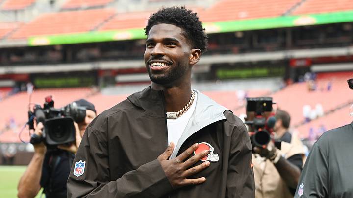 Aug 22, 2026; Cleveland, Ohio, USA; Cleveland Browns quarterback Shedeur Sanders (2) acknowledges fans after the game between the Browns and the Buffalo Bills during the second half at Huntington Bank Field. Mandatory Credit: Ken Blaze-Imagn Images