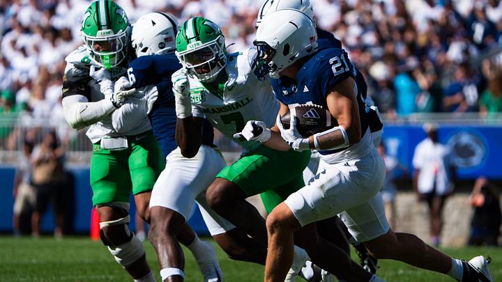 Penn State Nittany Lions running back Carson Hansen (21) carries the ball vs. the Marshall Thundering Herd at Beaver Stadium. Penn State Nittany Lions running back Carson Hansen (21) carries the ball vs. the Marshall Thundering Herd at Beaver Stadium.
