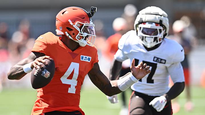Aug 4, 2026; Berea, OH, USA; Cleveland Browns linebacker Justin Jefferson (17) chases quarterback Deshaun Watson (4) during training camp at CrossCountry Mortgage Campus. Mandatory Credit: Ken Blaze-Imagn Images