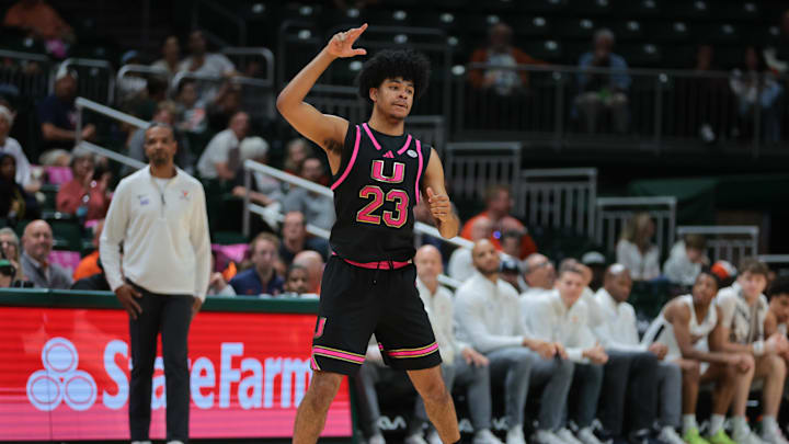 Jan 29, 2025; Coral Gables, Florida, USA; Miami Hurricanes guard Austin Swartz (23) reacts after scoring against the Virginia Cavaliers during the second half at Watsco Center. Mandatory Credit: Sam Navarro-Imagn Images
