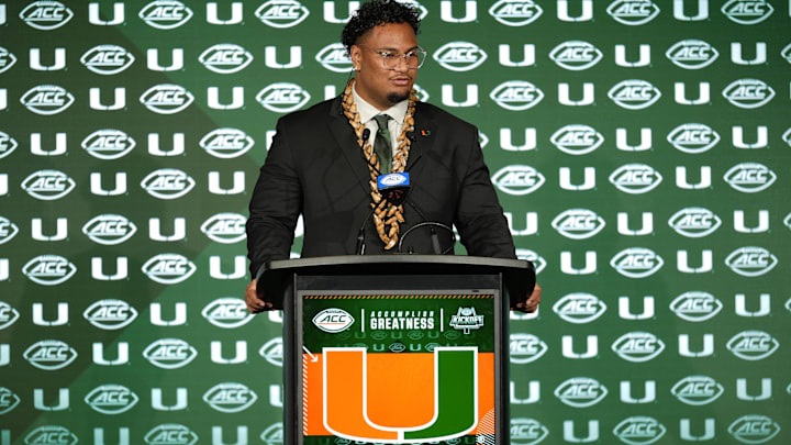Jul 22, 2025; Charlotte, NC, USA; Miami offensive lineman Francis Mauigoa, Jr answers questions from the media during ACC Media Days at Hilton Charlotte Uptown. Mandatory Credit: Jim Dedmon-Imagn Images