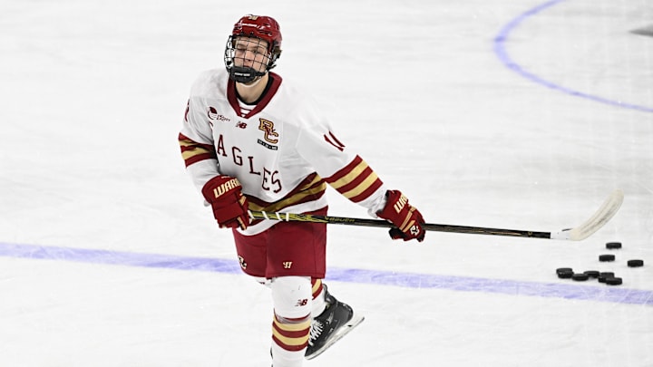 Feb 28, 2025; Chestnut Hill, MA, USA; Boston College forward James Hagens (10) warms up before a game against the University of New Hampshire Wildcats at Conte Forum. Mandatory Credit: Eric Canha-Imagn Images