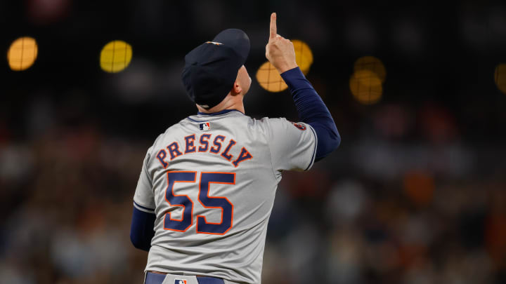 Jun 11, 2024; San Francisco, California, USA; Houston Astros pitcher Ryan Pressly (55) celebrates after the game against the San Francisco Giants at Oracle Park. Jun 11, 2024; San Francisco, California, USA; Houston Astros pitcher Ryan Pressly (55) celebrates after the game against the San Francisco Giants at Oracle Park.