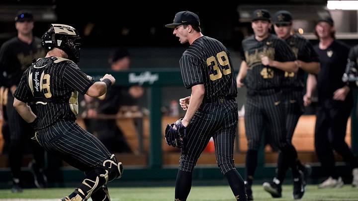 Vanderbilt pitcher Connor Fennell (39) celebrates the third out against Oklahoma during the seventh inning at Hawkins Field in Nashville, Tenn., Thursday, April 9, 2026. Vanderbilt pitcher Connor Fennell (39) celebrates the third out against Oklahoma during the seventh inning at Hawkins Field in Nashville, Tenn., Thursday, April 9, 2026.