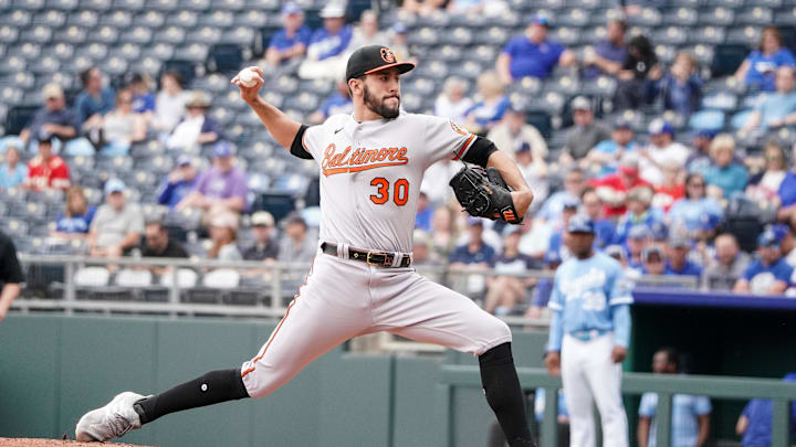 May 4, 2023; Kansas City, Missouri, USA; Baltimore Orioles starting pitcher Grayson Rodriguez (30)