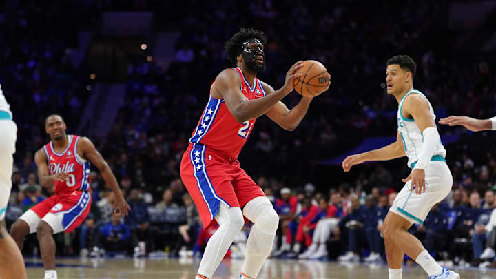 Dec 20, 2024; Philadelphia, Pennsylvania, USA; Philadelphia 76ers center Joel Embiid (21) shoots the ball against the Charlotte Hornets in the third quarter at Wells Fargo Center. Mandatory Credit: Kyle Ross-Imagn Images