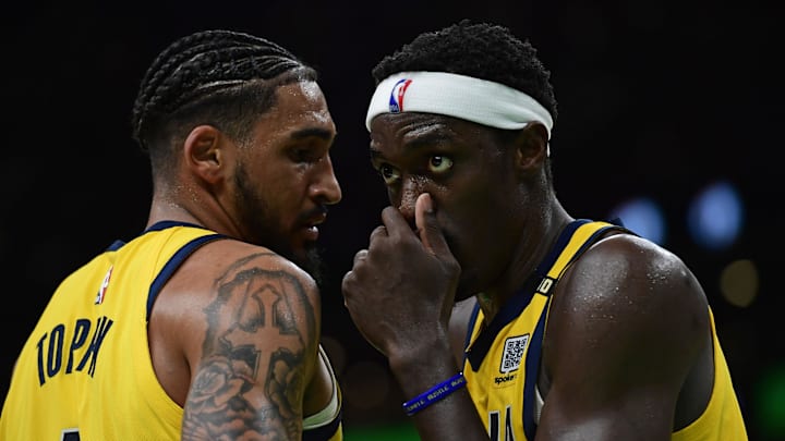 May 21, 2024; Boston, Massachusetts, USA; Indiana Pacers forward Pascal Siakam (43) reacts with forward Obi Toppin (1) during the second half for game one of the eastern conference finals for the 2024 NBA playoffs at TD Garden. Mandatory Credit: Bob DeChiara-Imagn Images May 21, 2024; Boston, Massachusetts, USA; Indiana Pacers forward Pascal Siakam (43) reacts with forward Obi Toppin (1) during the second half for game one of the eastern conference finals for the 2024 NBA playoffs at TD Garden. Mandatory Credit: Bob DeChiara-Imagn Images