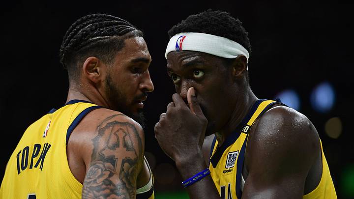 May 21, 2024; Boston, Massachusetts, USA; Indiana Pacers forward Pascal Siakam (43) reacts with forward Obi Toppin (1) during the second half for game one of the eastern conference finals for the 2024 NBA playoffs at TD Garden. Mandatory Credit: Bob DeChiara-Imagn Images May 21, 2024; Boston, Massachusetts, USA; Indiana Pacers forward Pascal Siakam (43) reacts with forward Obi Toppin (1) during the second half for game one of the eastern conference finals for the 2024 NBA playoffs at TD Garden. Mandatory Credit: Bob DeChiara-Imagn Images