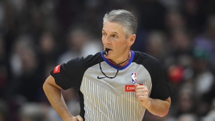 Feb 22, 2024; Cleveland, Ohio, USA; NBA referee Scott Foster (48) runs on the court in the second quarter of a game between the Cleveland Cavaliers and the Orlando Magic at Rocket Mortgage FieldHouse. Mandatory Credit: David Richard-USA TODAY Sports