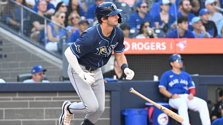 Sep 28, 2025; Toronto, Ontario, CAN;  Tampa Bay Rays shortstop Carson Williams (7) hits a single against the Toronto Blue Jays in the fourth inning at Rogers Centre.