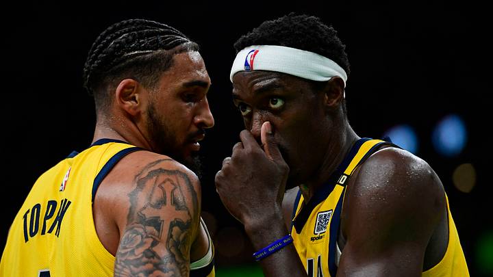 May 21, 2024; Boston, Massachusetts, USA; Indiana Pacers forward Pascal Siakam (43) reacts with forward Obi Toppin (1) during the second half for game one of the eastern conference finals for the 2024 NBA playoffs at TD Garden. Mandatory Credit: Bob DeChiara-USA TODAY Sports May 21, 2024; Boston, Massachusetts, USA; Indiana Pacers forward Pascal Siakam (43) reacts with forward Obi Toppin (1) during the second half for game one of the eastern conference finals for the 2024 NBA playoffs at TD Garden. Mandatory Credit: Bob DeChiara-USA TODAY Sports