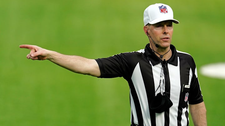 Nov 29, 2020; Inglewood, California, USA; NFL referee Scott Novak (1) makes a call during the second half against the Los Angeles Rams at SoFi Stadium. Mandatory Credit: Kirby Lee-Imagn Images