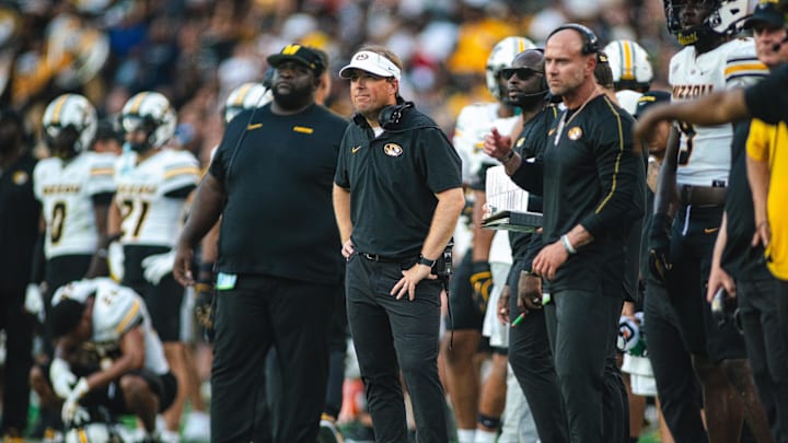Oct 26, 2024; Tuscaloosa, Alabama, USA; Missouri Tigers head coach Eliah Drinkwitz looks on from the sideline during the fourth quarter against the Alabama Crimson Tide at Bryant-Denny Stadium. Mandatory Credit: Will McLelland-Imagn Images