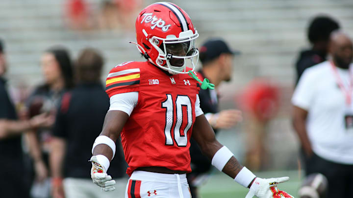 Sep 21, 2024; College Park, Maryland, USA; Maryland Terrapins wide receiver Tai Felton (10) in action before a game against the Villanova Wildcats at SECU Stadium. Mandatory Credit: Daniel Kucin Jr.-Imagn Images Sep 21, 2024; College Park, Maryland, USA; Maryland Terrapins wide receiver Tai Felton (10) in action before a game against the Villanova Wildcats at SECU Stadium. Mandatory Credit: Daniel Kucin Jr.-Imagn Images