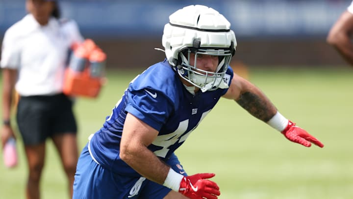 Jul 23, 2025; East Rutherford, NJ, USA; New York Giants running back Cam Skattebo (44) participates in drills during training camp at Quest Diagnostics Training Center. Jul 23, 2025; East Rutherford, NJ, USA; New York Giants running back Cam Skattebo (44) participates in drills during training camp at Quest Diagnostics Training Center.