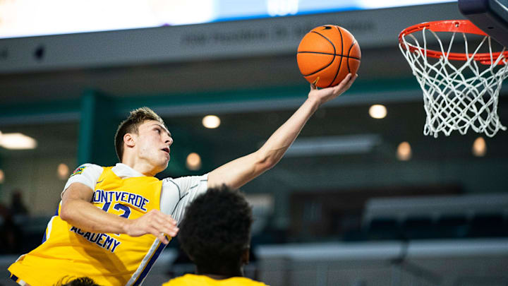 Montverde Academy Eagles forward Cooper Flagg (32) goes for a lay up during the first quarter of a game against the Cannon School Cougars during the 50th annual City of Palms Classic at Suncoast Credit Union Arena in Fort Myers on Monday, Dec. 18, 2023.