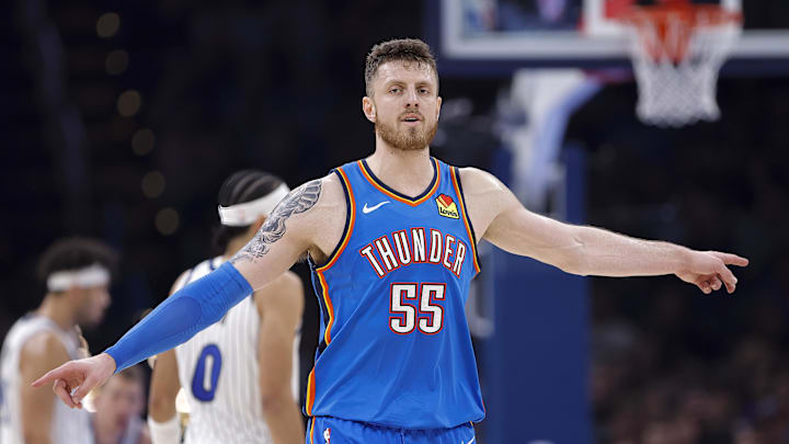 Feb 3, 2026; Oklahoma City, Oklahoma, USA; Oklahoma City Thunder center/forward Isaiah Hartenstein (55) gestures to his team after a play against the Orlando Magic during the second quarter at Paycom Center. Mandatory Credit: Alonzo Adams-Imagn Images