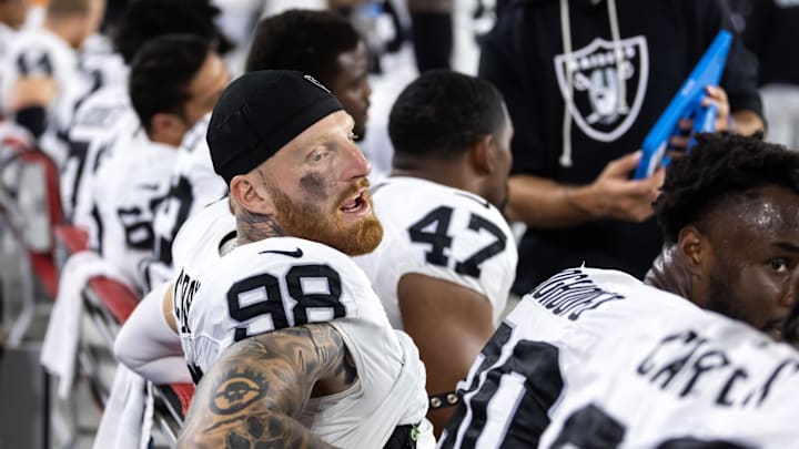 Aug 23, 2025; Glendale, Arizona, USA; Las Vegas Raiders defensive end Maxx Crosby (98) against the Arizona Cardinals during a preseason NFL game at State Farm Stadium. Mandatory Credit: Mark J. Rebilas-Imagn Images