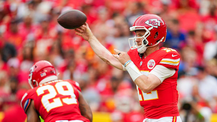 Aug 26, 2023; Kansas City, Missouri, USA; Kansas City Chiefs quarterback Shane Buechele (12) throws