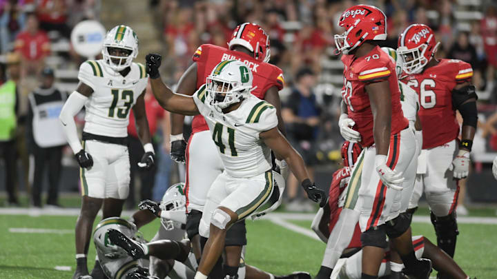 Sep 9, 2023; College Park, Maryland, USA;  Charlotte 49ers linebacker Nikhai Hill-Green (41) reacts