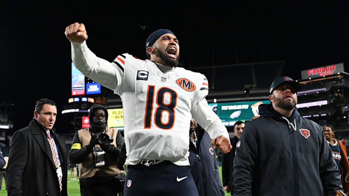 Nov 28, 2025; Philadelphia, Pennsylvania, USA; Chicago Bears quarterback Caleb Williams (18) celebrates after the game against the Philadelphia Eagles at Lincoln Financial Field. Mandatory Credit: Eric Hartline-Imagn Images