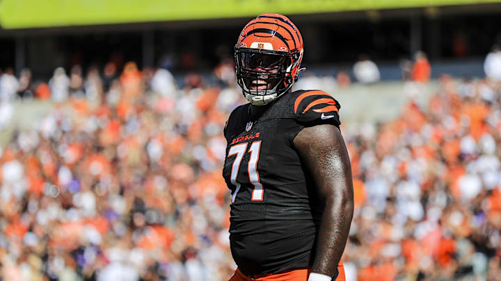 Oct 6, 2024; Cincinnati, Ohio, USA; Cincinnati Bengals offensive tackle Amarius Mims (71) reacts after a play in the first half against the Baltimore Ravens at Paycor Stadium. Mandatory Credit: Katie Stratman-Imagn Images Oct 6, 2024; Cincinnati, Ohio, USA; Cincinnati Bengals offensive tackle Amarius Mims (71) reacts after a play in the first half against the Baltimore Ravens at Paycor Stadium. Mandatory Credit: Katie Stratman-Imagn Images