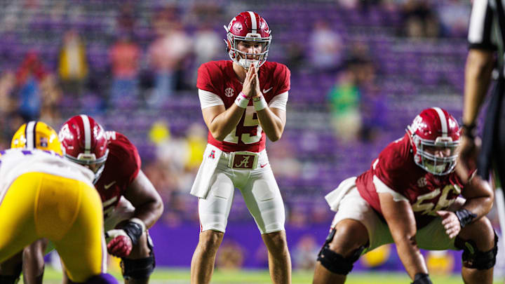 Nov 9, 2024; Baton Rouge, Louisiana, USA; Alabama Crimson Tide quarterback Ty Simpson (15) calls for the ball against the LSU Tigers during the second half at Tiger Stadium. Mandatory Credit: Stephen Lew-Imagn Images Nov 9, 2024; Baton Rouge, Louisiana, USA; Alabama Crimson Tide quarterback Ty Simpson (15) calls for the ball against the LSU Tigers during the second half at Tiger Stadium. Mandatory Credit: Stephen Lew-Imagn Images