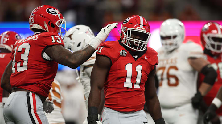 Dec 7, 2024; Atlanta, GA, USA; Georgia Bulldogs linebacker Jalon Walker (11) reacts against the Texas Longhorns during the first half in the 2024 SEC Championship game at Mercedes-Benz Stadium. Mandatory Credit: Brett Davis-Imagn Images