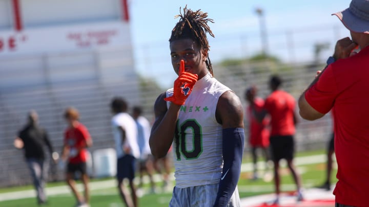 Vero Beach High School’s three-star cornerback Robert Jones III participates in a team workout, Thursday, June 27, 2024, at Vero Beach’s Citrus Bowl football field.