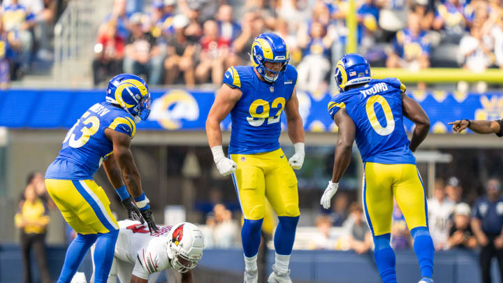 October 15, 2023; Inglewood, California, USA; Los Angeles Rams defensive end Jonah Williams (92) is congratulated by linebacker Ernest Jones IV (53) and linebacker Byron Young (0) for sacking Arizona Cardinals quarterback Joshua Dobbs (9) during the first quarter at SoFi Stadium. Mandatory Credit: Kyle Terada-USA TODAY Sports October 15, 2023; Inglewood, California, USA; Los Angeles Rams defensive end Jonah Williams (92) is congratulated by linebacker Ernest Jones IV (53) and linebacker Byron Young (0) for sacking Arizona Cardinals quarterback Joshua Dobbs (9) during the first quarter at SoFi Stadium. Mandatory Credit: Kyle Terada-USA TODAY Sports