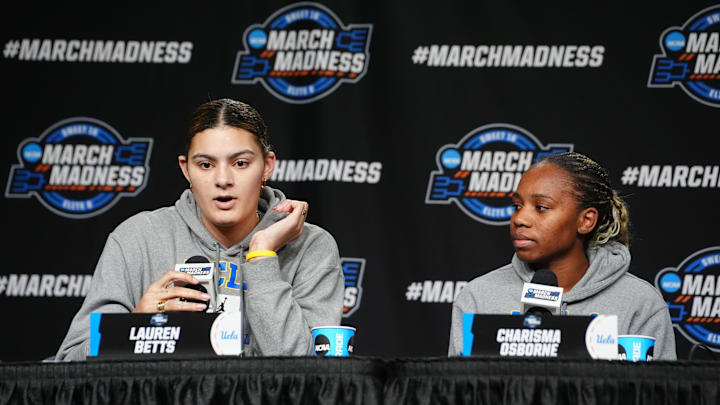 Mar 28, 2024; Albany, NY, USA; UCLA Bruins guard Charisma Osborne and center Lauren Betts discuss their tourney run. Mar 28, 2024; Albany, NY, USA; UCLA Bruins guard Charisma Osborne and center Lauren Betts discuss their tourney run.