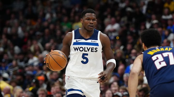 Apr 10, 2024; Denver, Colorado, USA; Minnesota Timberwolves guard Anthony Edwards (5) during the