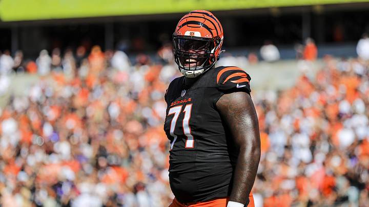 Oct 6, 2024; Cincinnati, Ohio, USA; Cincinnati Bengals offensive tackle Amarius Mims (71) reacts after a play in the first half against the Baltimore Ravens at Paycor Stadium. Mandatory Credit: Katie Stratman-Imagn Images