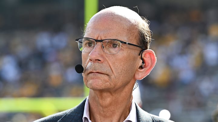 Oct 5, 2024; College Station, Texas, USA; SEC Nation analyst Paul Finebaum looks on prior to the game between the Texas A&M Aggies and the Missouri Tigers at Kyle Field. Mandatory Credit: Maria Lysaker-Imagn Images. 