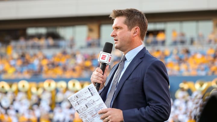 Oct 5, 2019; Morgantown, WV, USA; ESPN broadcaster Todd McShay talks along the sidelines during the third quarter at Mountaineer Field at Milan Puskar Stadium. Mandatory Credit: Ben Queen-Imagn Images Oct 5, 2019; Morgantown, WV, USA; ESPN broadcaster Todd McShay talks along the sidelines during the third quarter at Mountaineer Field at Milan Puskar Stadium. Mandatory Credit: Ben Queen-Imagn Images