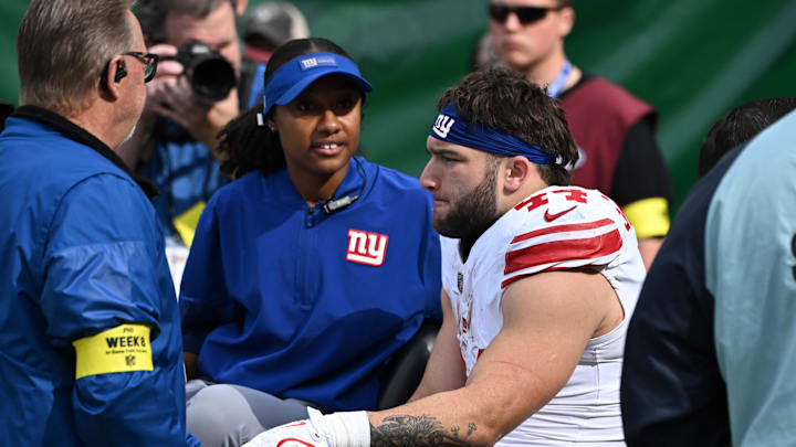 Oct 26, 2025; Philadelphia, Pennsylvania, USA; New York Giants running back Cam Skattebo (44) is carted off the field with a leg injury during the second quarter against the Philadelphia Eagles at Lincoln Financial Field. Oct 26, 2025; Philadelphia, Pennsylvania, USA; New York Giants running back Cam Skattebo (44) is carted off the field with a leg injury during the second quarter against the Philadelphia Eagles at Lincoln Financial Field.