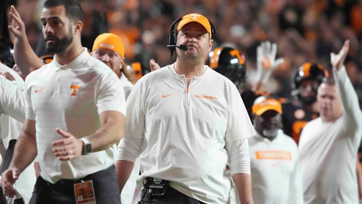 Nov 2, 2024; Knoxville, Tennessee, USA; Tennessee Volunteers head coach Josh Heupel looks at the scoreboard after a touchdown against the Kentucky Wildcats during the first half at Neyland Stadium. Mandatory Credit: Caitie McMekin/USA TODAY Network via Imagn Image