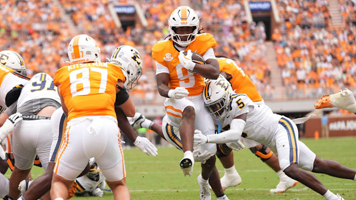 Tennessee running back Star Thomas (9) finds his way into the end zone and scores during the NCAA college football game against ETSU on September 6, 2025, in Knoxville, Tennessee.