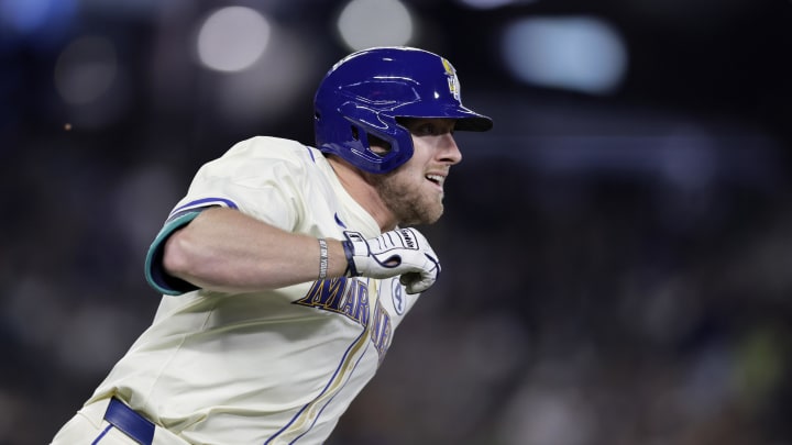 Seattle Mariners left fielder Luke Raley (20) watches his home run ball fly against the Los Angeles Angels during the fourth inning at T-Mobile Park on June 2. Seattle Mariners left fielder Luke Raley (20) watches his home run ball fly against the Los Angeles Angels during the fourth inning at T-Mobile Park on June 2.