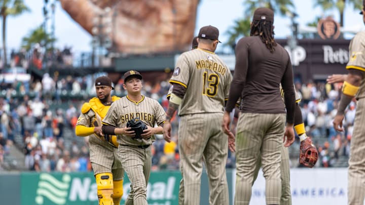 Aug 13, 2025; San Francisco, California, USA; San Diego Padres pitcher Yuki Matsui (1) celebrates after the game against the San Francisco Giants at Oracle Park. Mandatory Credit: Bob Kupbens-Imagn Images