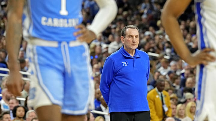 Apr 2, 2022; New Orleans, LA, USA; Duke Blue Devils head coach Mike Krzyzewski reacts during the first half against the North Carolina Tar Heels in the 2022 NCAA men's basketball tournament Final Four semifinals at Caesars Superdome. Mandatory Credit: Robert Deutsch-Imagn Images