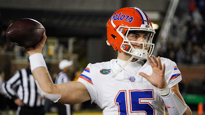 Nov 18, 2023; Columbia, Missouri, USA; Florida Gators quarterback Graham Mertz (15) warms up on the
