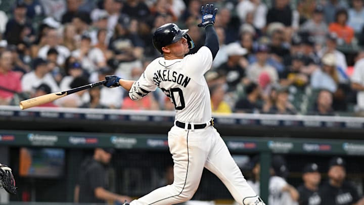 Detroit Tigers first baseman Spencer Torkelson (20) hits a ball deep on this swing, for a home run.