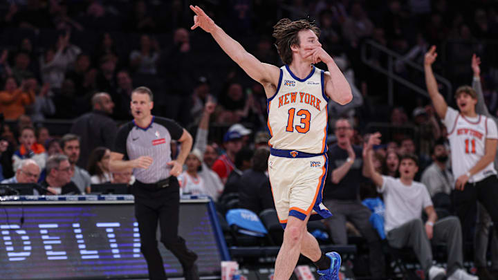 Mar 22, 2026; New York, New York, USA; New York Knicks guard Tyler Kolek (13) reacts after making a three point basket during the second half against the Washington Wizards at Madison Square Garden. Mandatory Credit: Vincent Carchietta-Imagn Images
