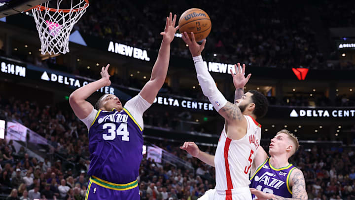 Apr 11, 2024; Salt Lake City, Utah, USA; Utah Jazz forward Kenneth Lofton Jr. (34) blocks the shot of Houston Rockets guard Fred VanVleet (5) during the fourth quarter at Delta Center. Mandatory Credit: Rob Gray-Imagn Images