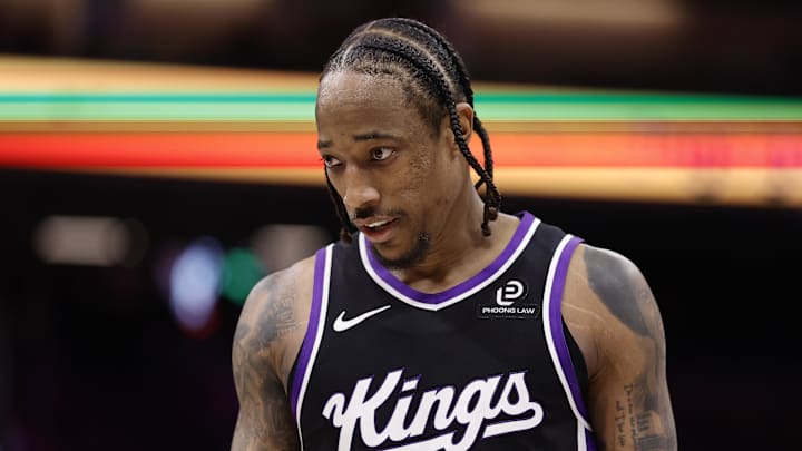 Mar 11, 2026; Sacramento, California, USA; Sacramento Kings forward/guard DeMar DeRozan (10) between plays against the Charlotte Hornets during the fourth quarter at Golden 1 Center. Mandatory Credit: Kelley L Cox-Imagn Images