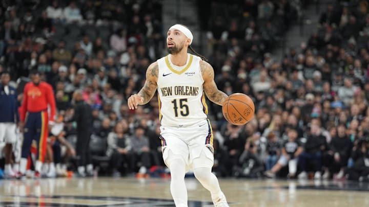 Jan 25, 2026; San Antonio, Texas, USA;  New Orleans Pelicans guard Jose Alvarado (15) sets up to shoot in the second half against the San Antonio Spurs at Frost Bank Center. Mandatory Credit: Daniel Dunn-Imagn Images