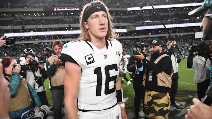 Nov 3, 2024; Philadelphia, Pennsylvania, USA; Jacksonville Jaguars quarterback Trevor Lawrence (16) on the field after loss to the Philadelphia Eagles at Lincoln Financial Field. Mandatory Credit: Eric Hartline-Imagn Images