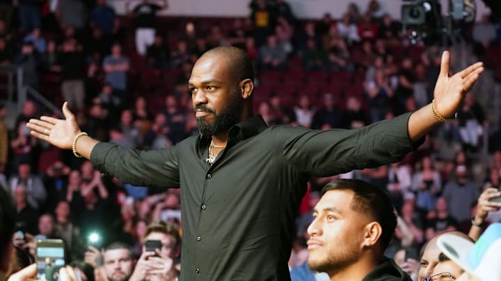 Feb 15, 2020; Rio Rancho, New Mexico, USA; UFC fighter Jon Jones attends the light heavyweight bout between Jan Blachowicz (blue) and Corey Anderson (red) during UFC Fight Night at Santa Ana Star Arena. Mandatory Credit: Kirby Lee-Imagn Images